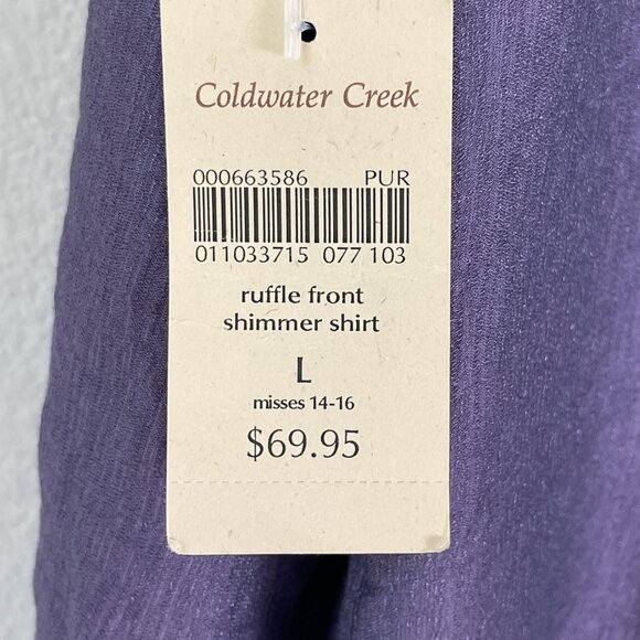 NEW Coldwater Creek Ruffle Front Shimmer Shirt L Purple Misses 14-16 - Picture 5 of 11